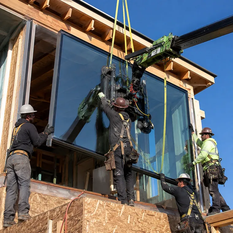 Large architectural window installation in progress
